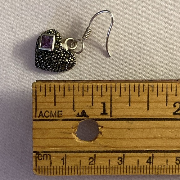 NWOT - Sterling Silver Marcasite Heart & Amethyst Gem Drop French Hook Earrings* - Picture 8 of 8